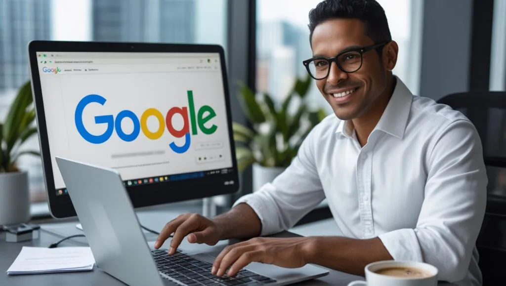 Business owner setting up Google profile for local SEO.