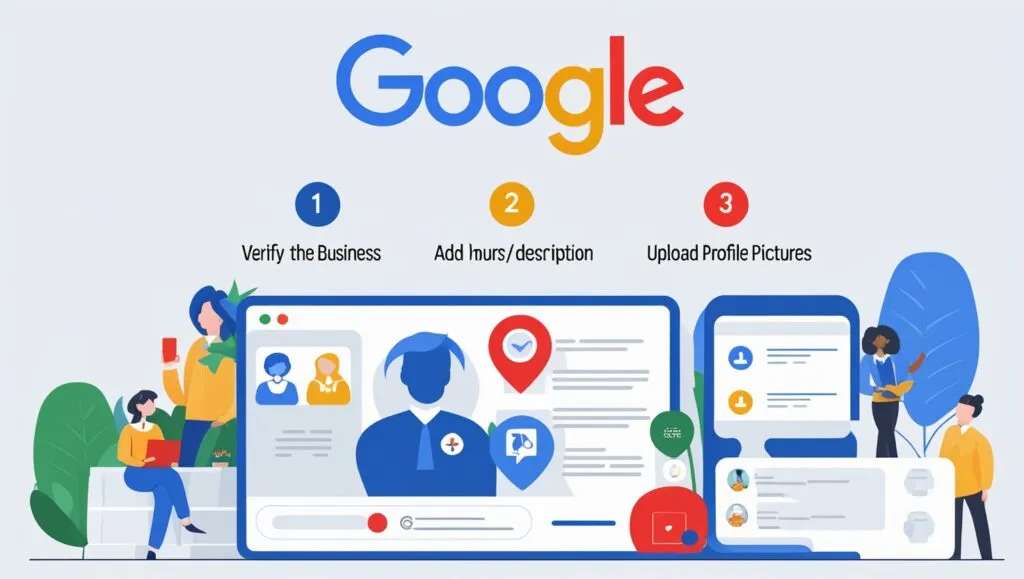 Infographic showing steps to register business on Google in 2025.